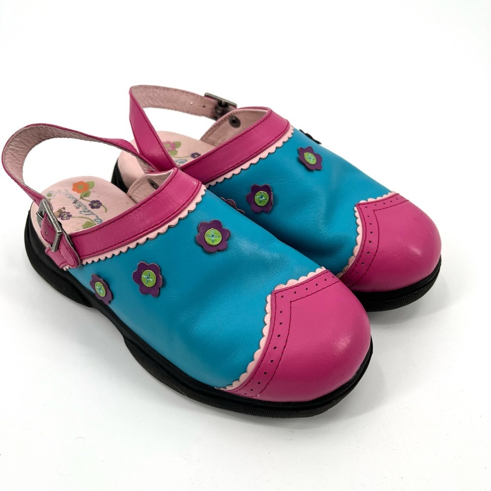 HANNA ANDERSSON Leather Clogs Girls 33 Floral Blue Pink Ankle Strap Buckle Shoes